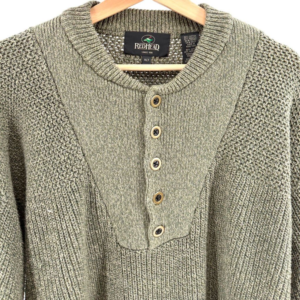 Vintage 90s RedHead Olive Green Waffle Knit Henley Sweater
