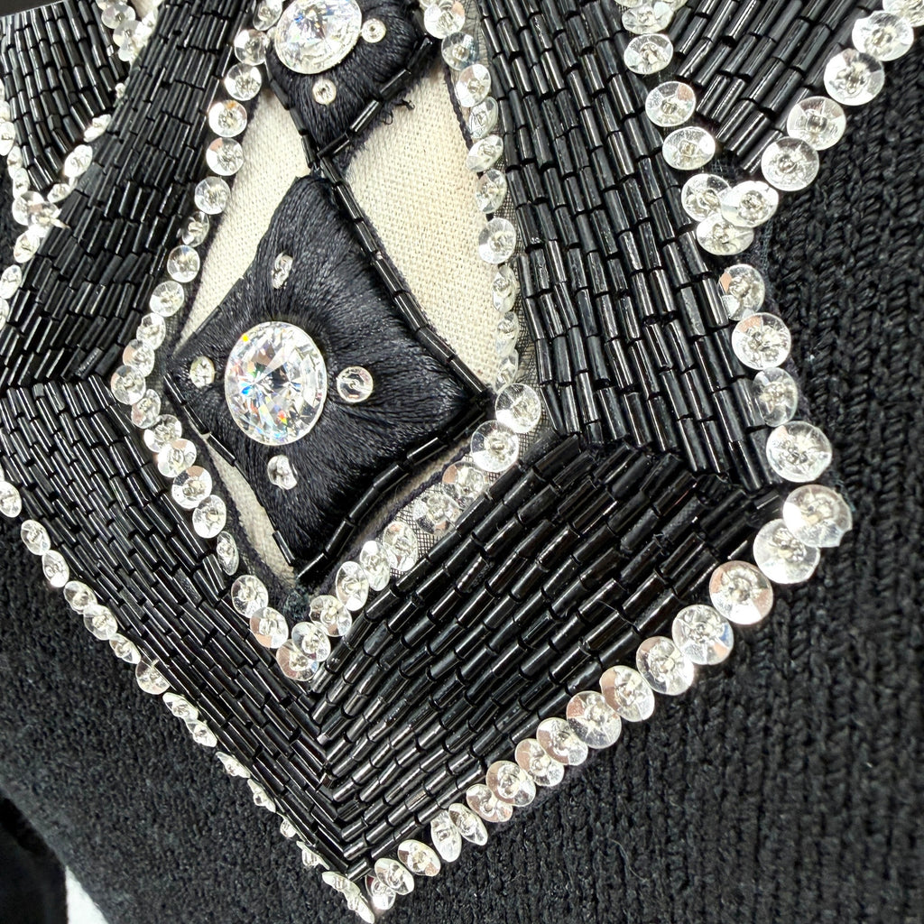 Vintage 80s Lillie Rubin Black Wool Blend Beaded Cutout Glam Sweater Dress