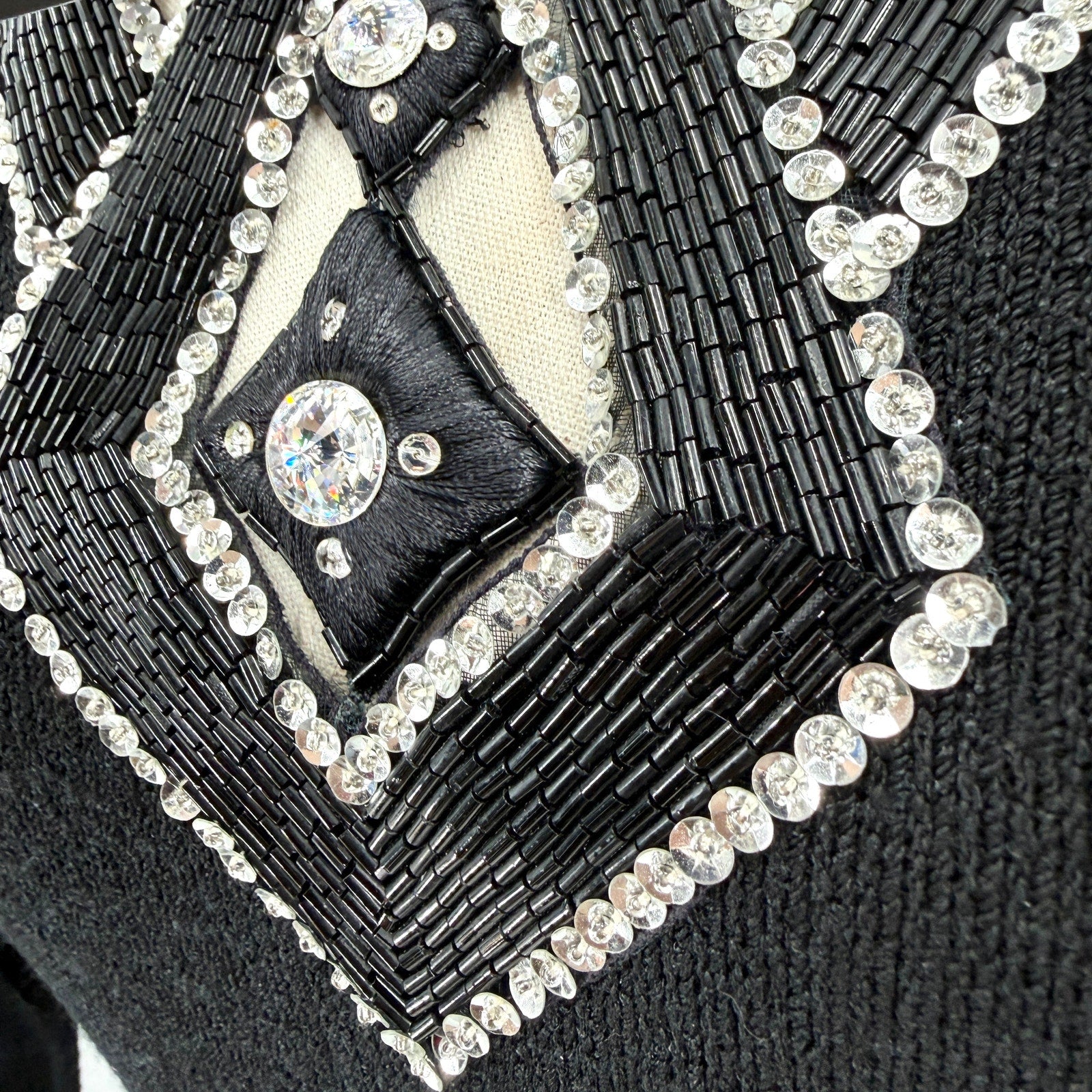 Vintage 80s Lillie Rubin Black Wool Blend Beaded Cutout Glam Sweater Dress