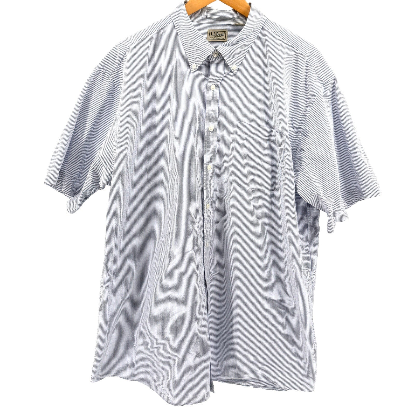 L.L. Bean Blue White Striped 100% Cotton Seersucker Button Down Shirt