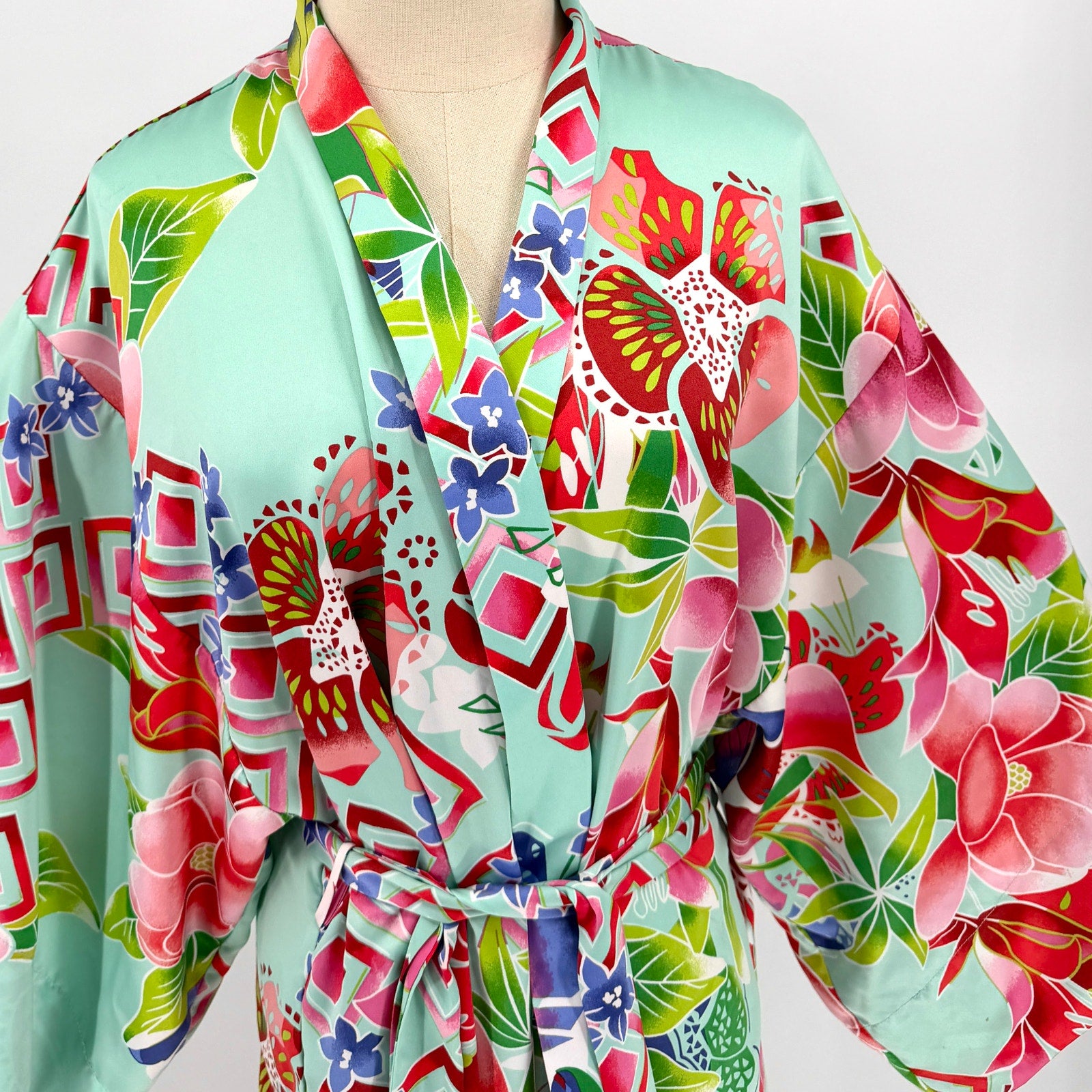 Natori Teal Asian Floral Cherry Blossom Print Pocket Robe Kimono