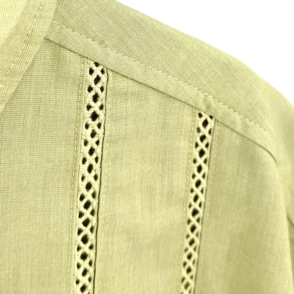 Pistachio Green Tropical Bowling Crochet Trim Short Sleeve Button Up Shirt