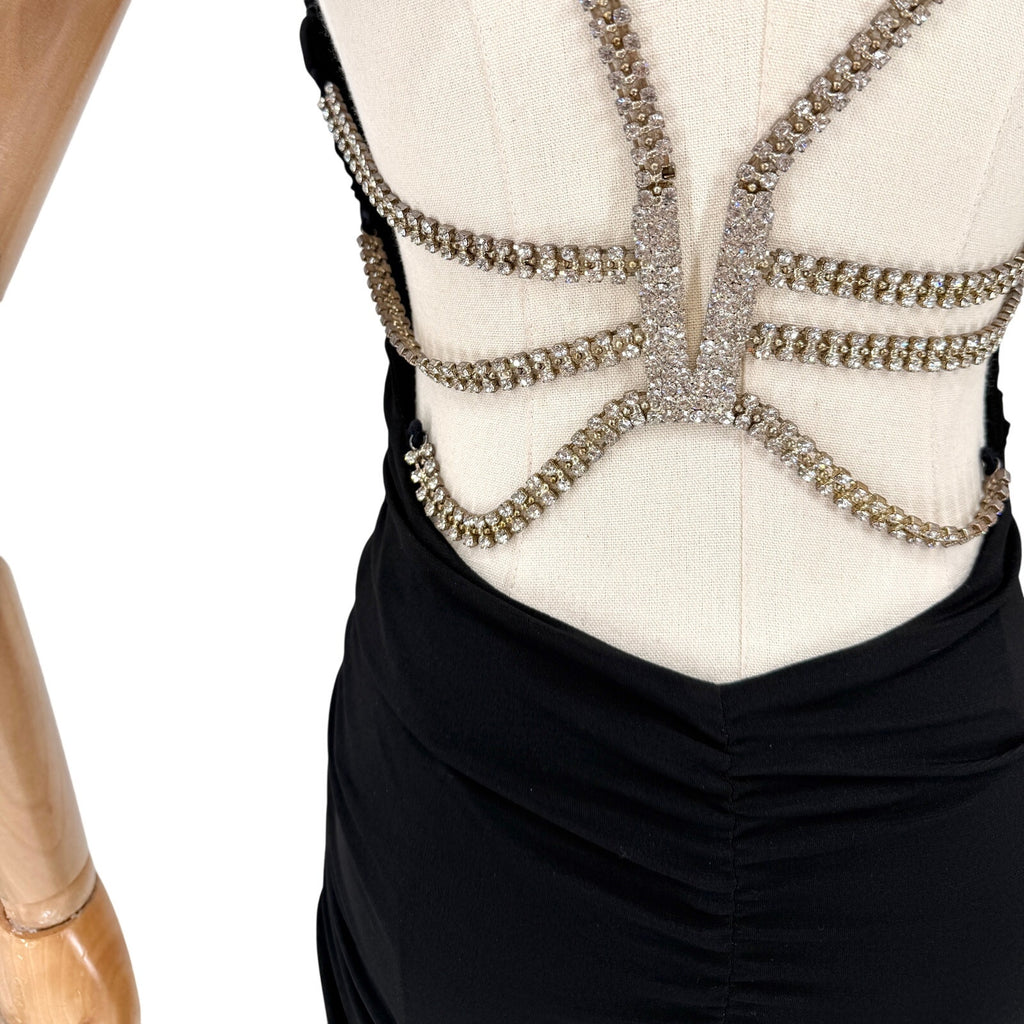 Vintage Y2K Sexy Cache Black Ruched Rhinestone Chain-Back Cocktail Dress
