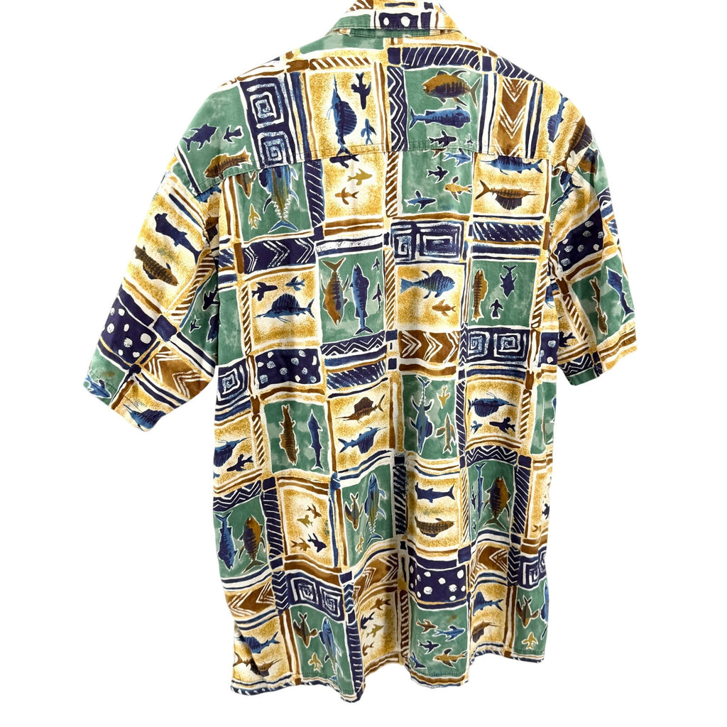 Vintage 90s Kahala Blue Green Fish Print 100% Cotton Aloha Shirt