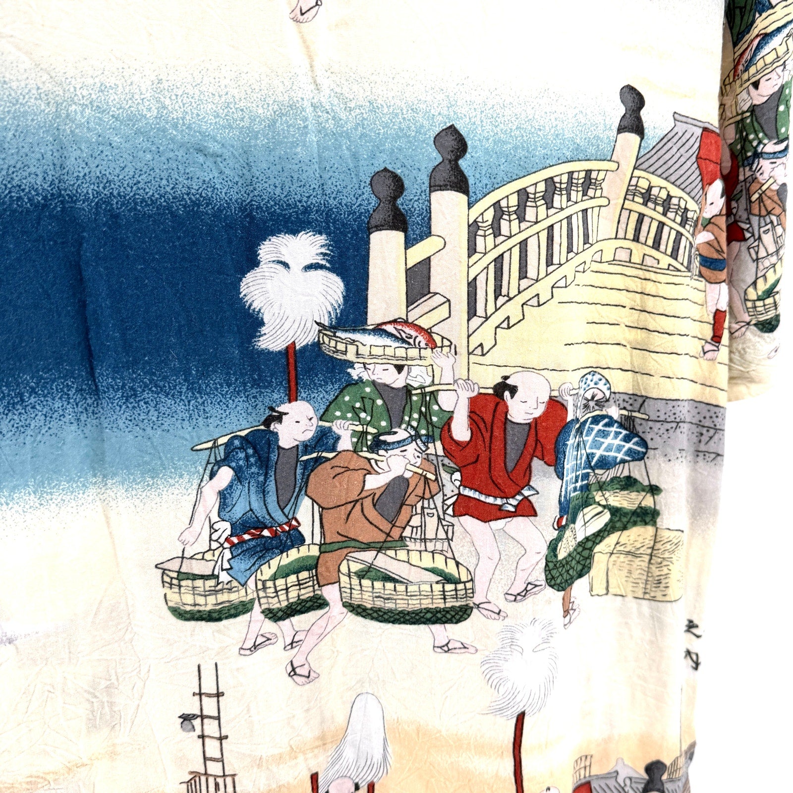 California Select Originals Japanese Fishing Village Print Rayon Button Down