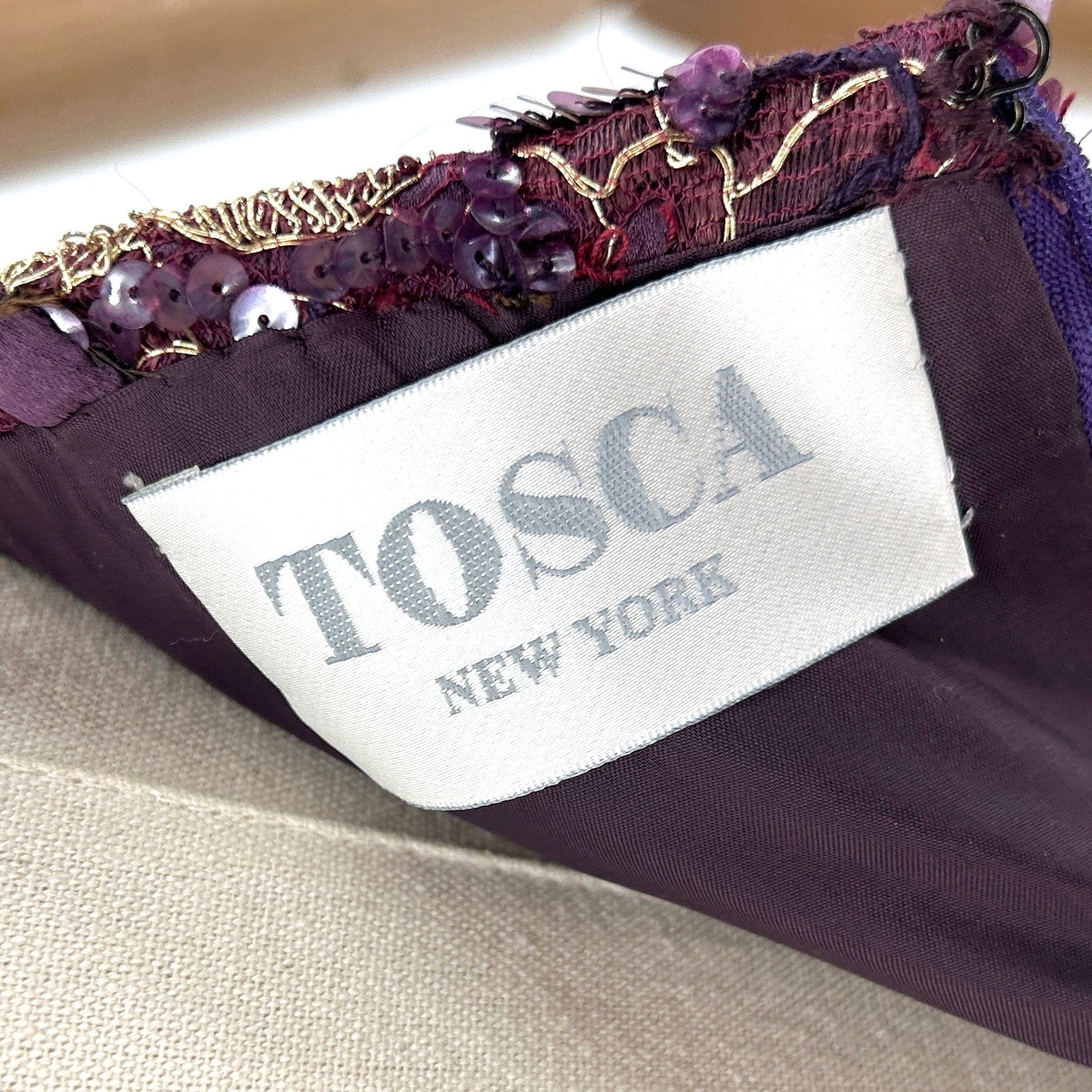 Vintage 90s Tosca New York Purple Gold Lace Silk Sequin Gown