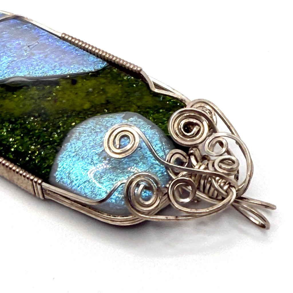 Vintage 90s Green Blue Dichroic Glass Wire Wrapped Statement Pendant