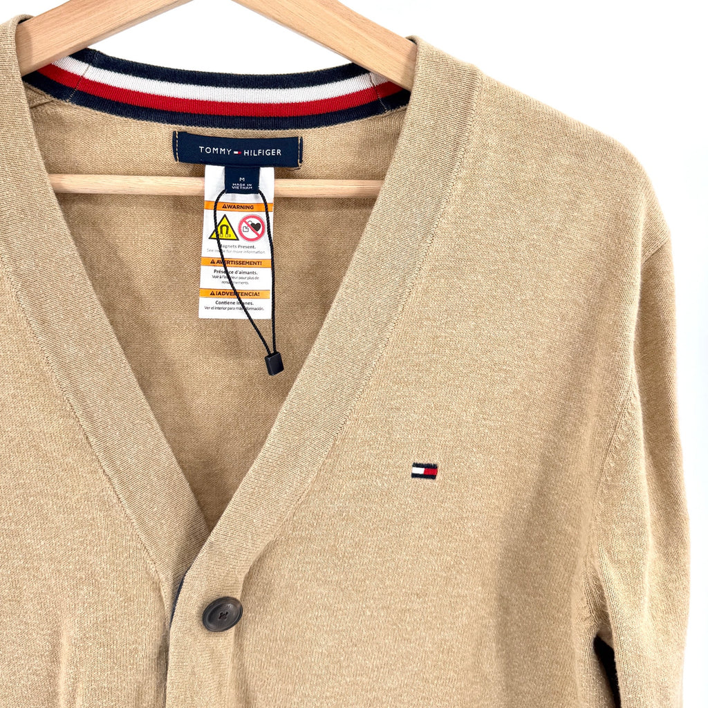 Tommy Hilfiger Camel Tan 100% Cotton Magnetic Snap Cardigan Sweater