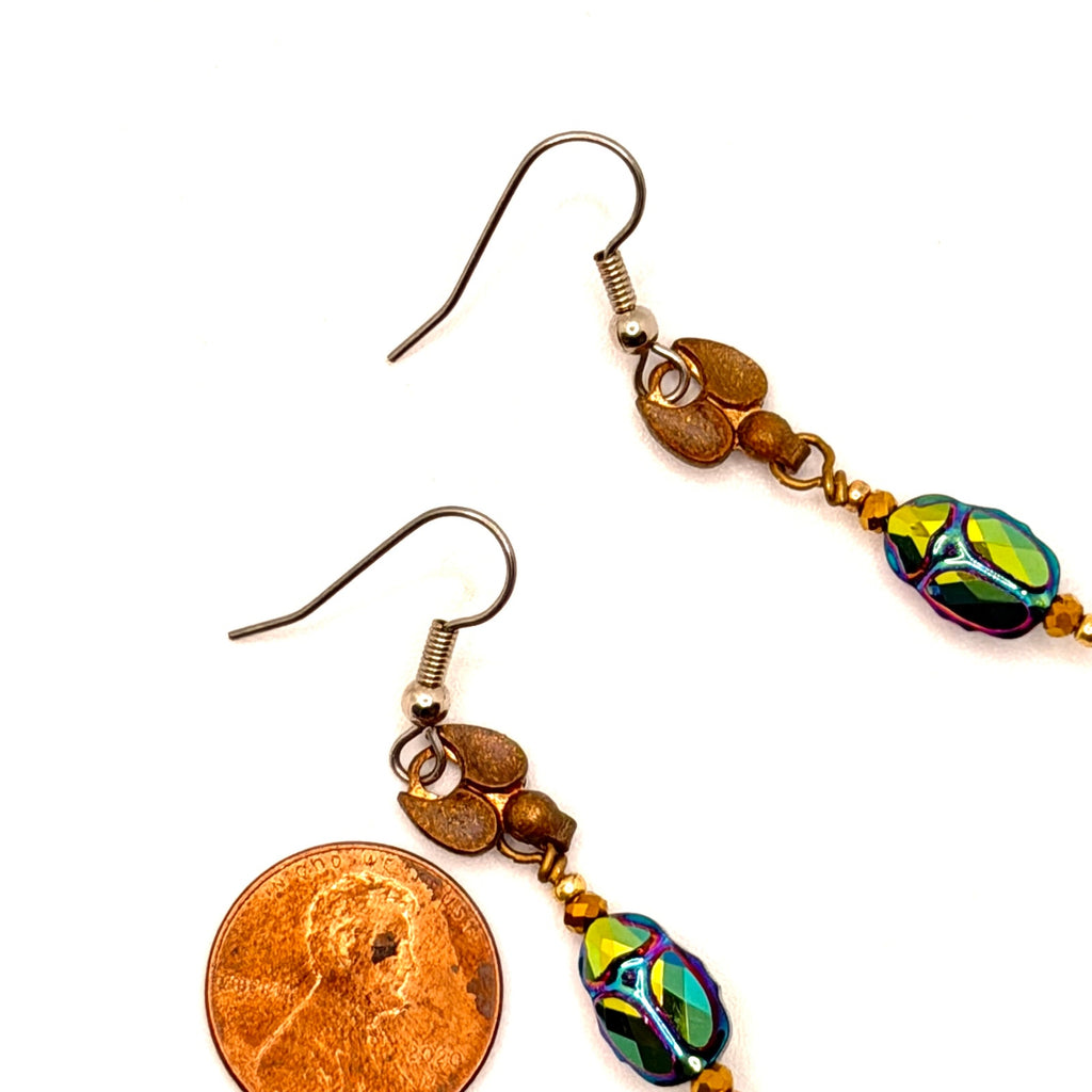 Vintage 90s Scarab Iridescent Green Blue Glass Beetle Drop Earrings