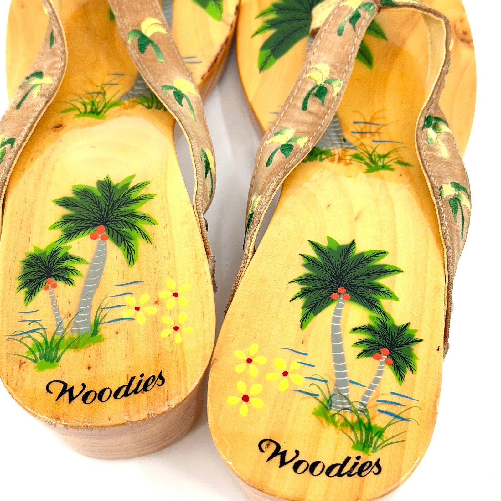Vintage 90s Woodies Tan Wood Tropical Embroidered Satin Studded Clog Sandals