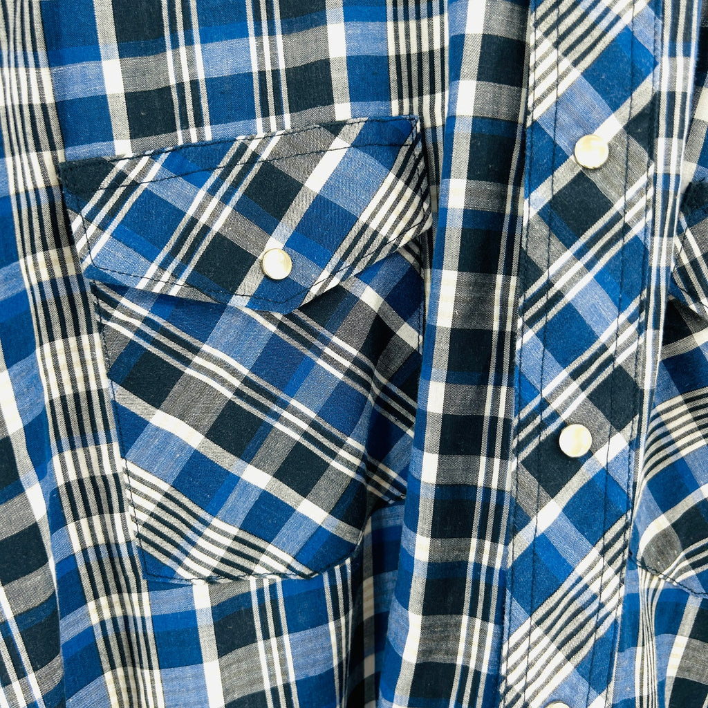 Rustler Blue Black Plaid Cotton Blend Western Pearl Snap Shirt