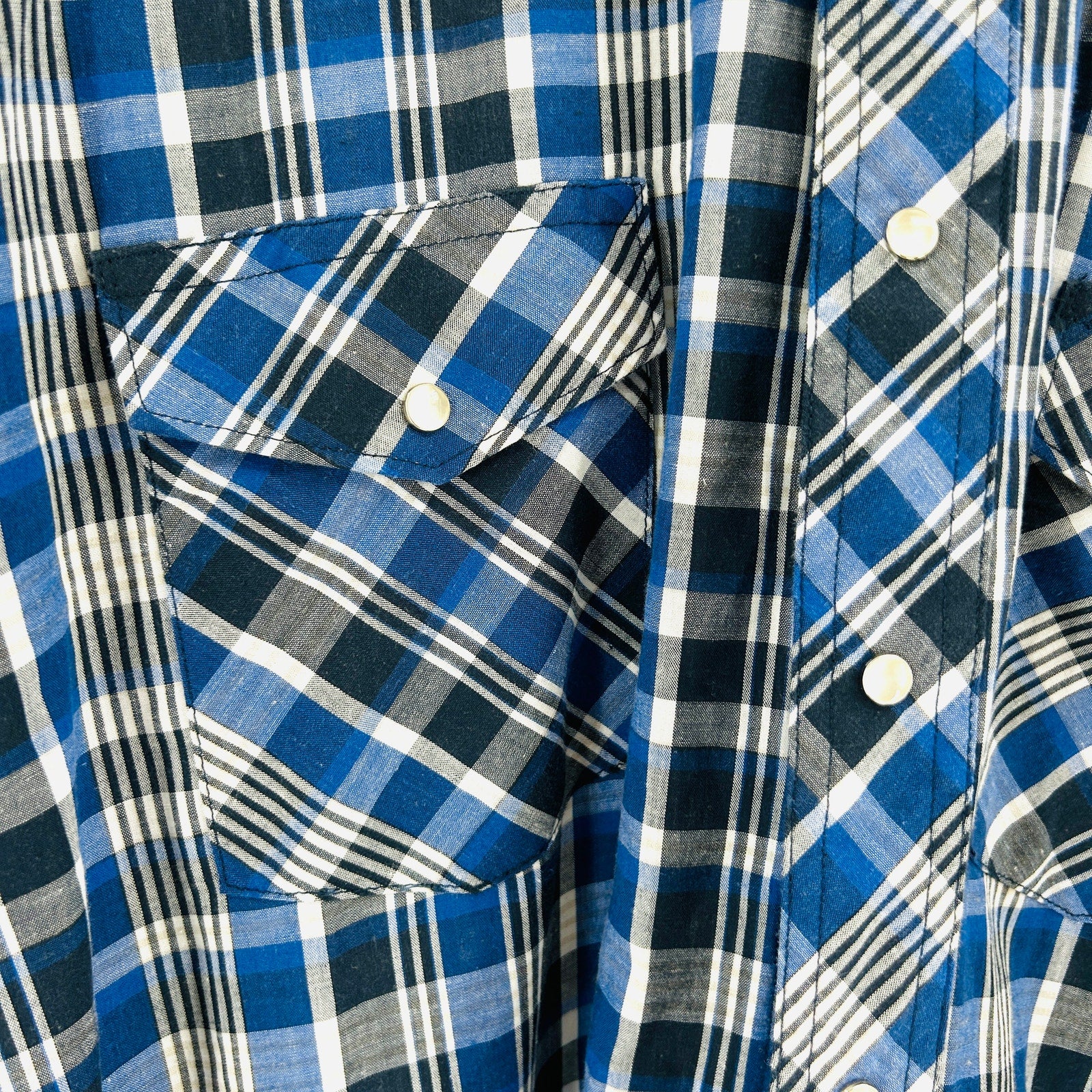 Rustler Blue Black Plaid Cotton Blend Western Pearl Snap Shirt