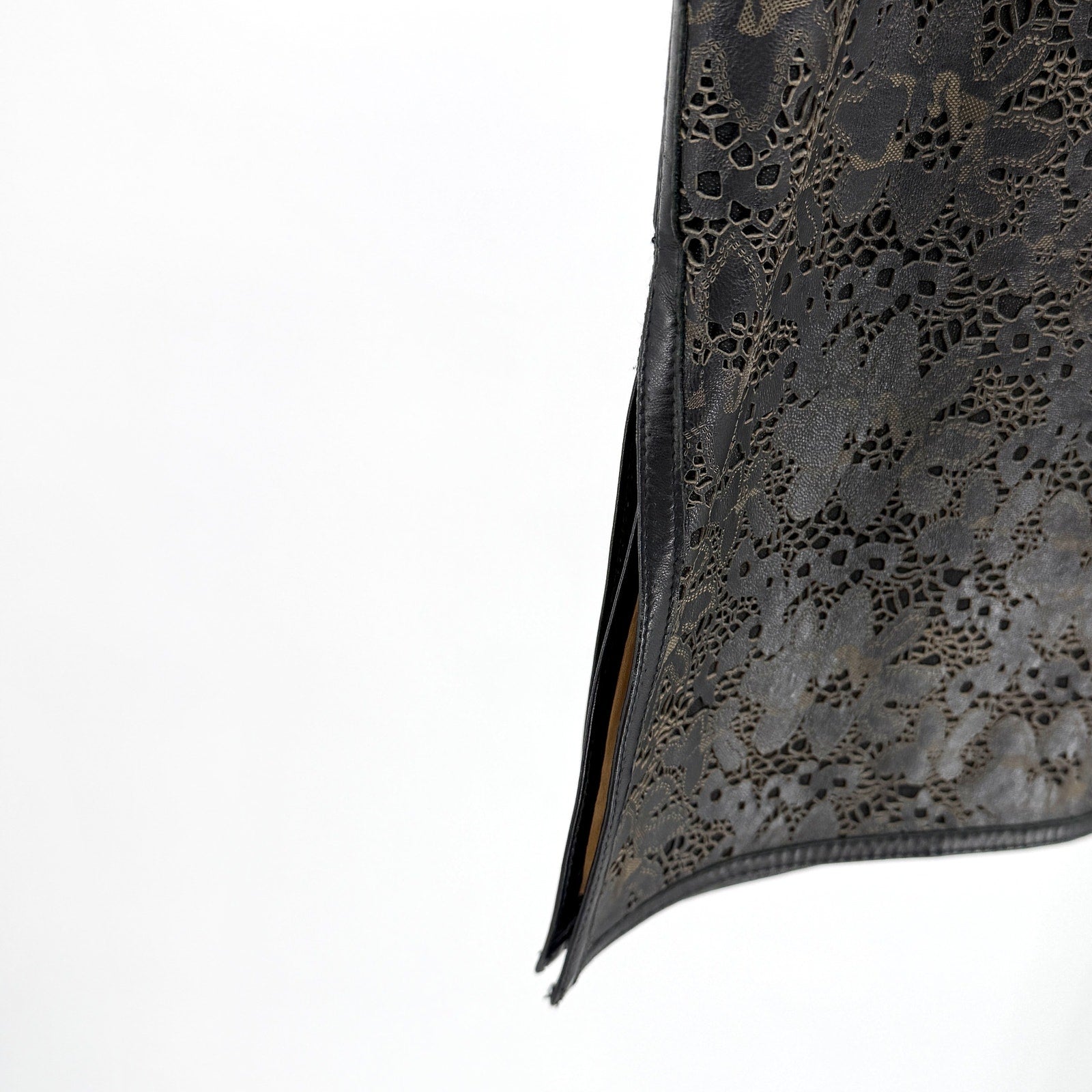 Vintage 90s Anne Klein Black Genuine Leather Floral Laser Cut Pencil Skirt