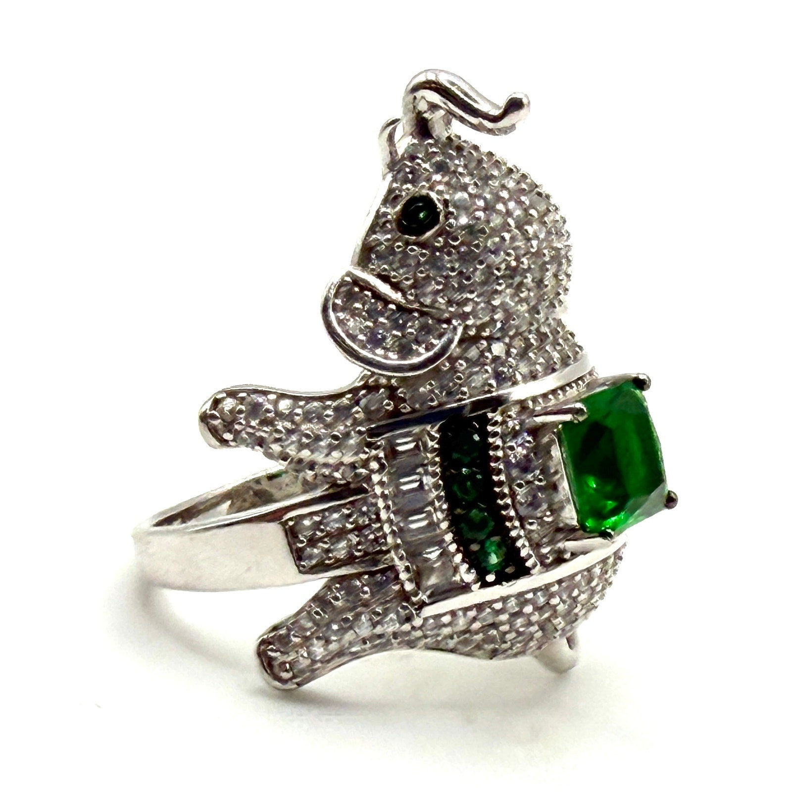Green Sterling Silver Cubic Zirconia Pave Elephant Statement Ring