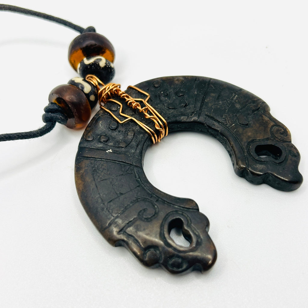 Handmade Copper Wrapped Chinese Stone Pendant Black Cord Necklace