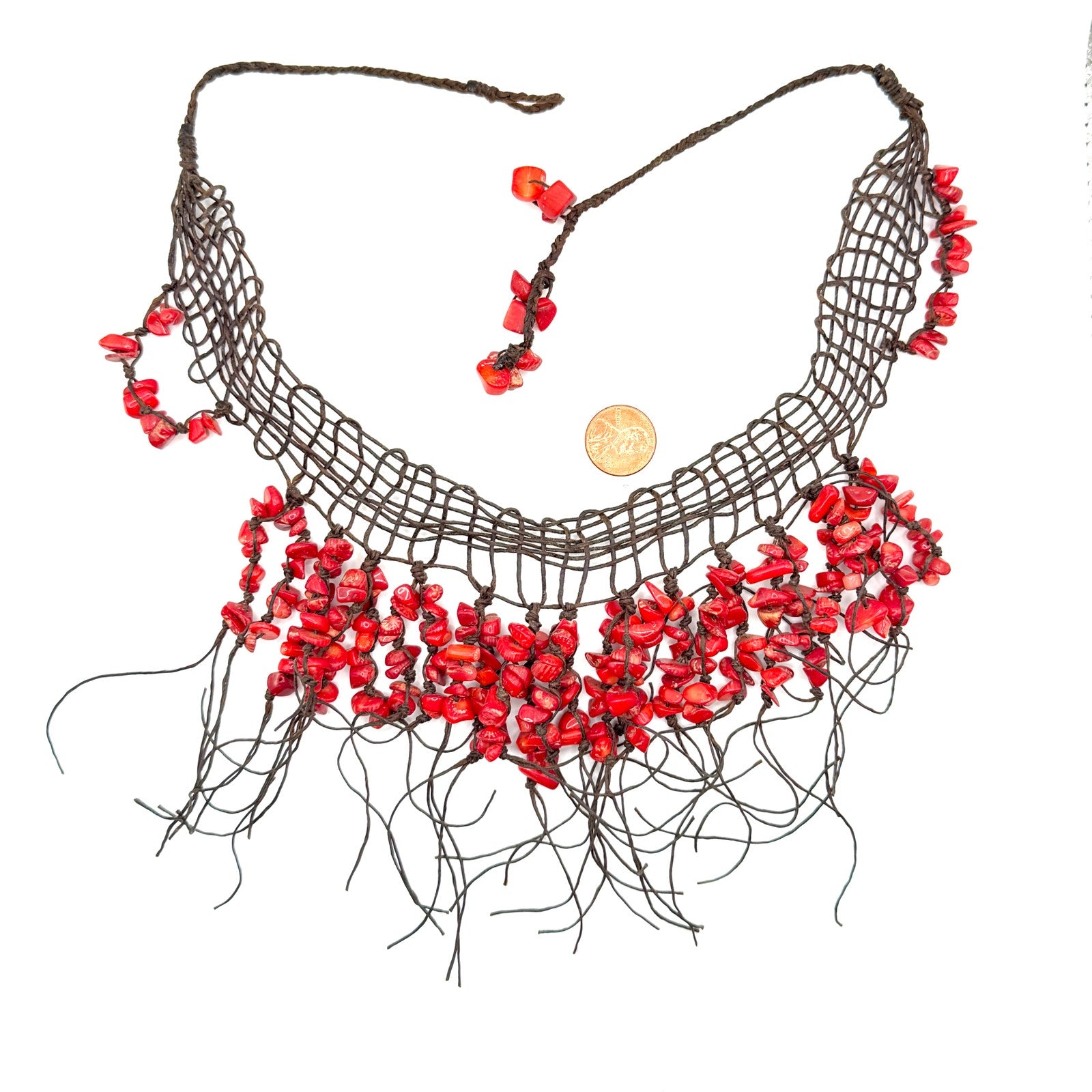Vintage 90s Red Coral Chip Woven Macrame Mesh Fringe Statement Bib Necklace