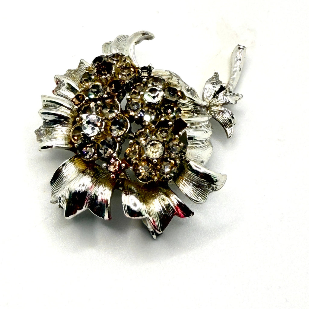 Vintage 60s Sarah Coventry Smoke Silver-tone Midcentury Stamped Floral Brooch