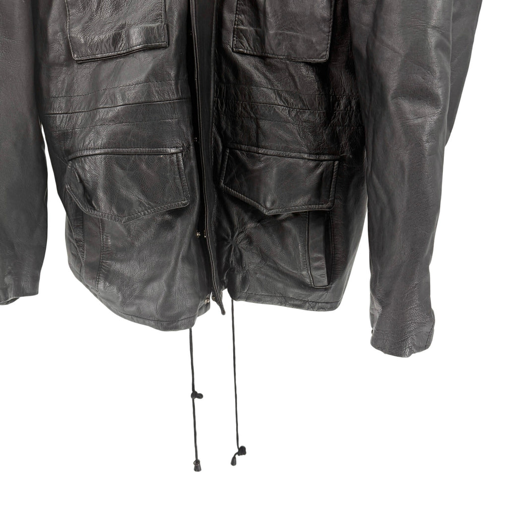 Vintage 90s Black Genuine Leather Utility Field Drawstring Jacket