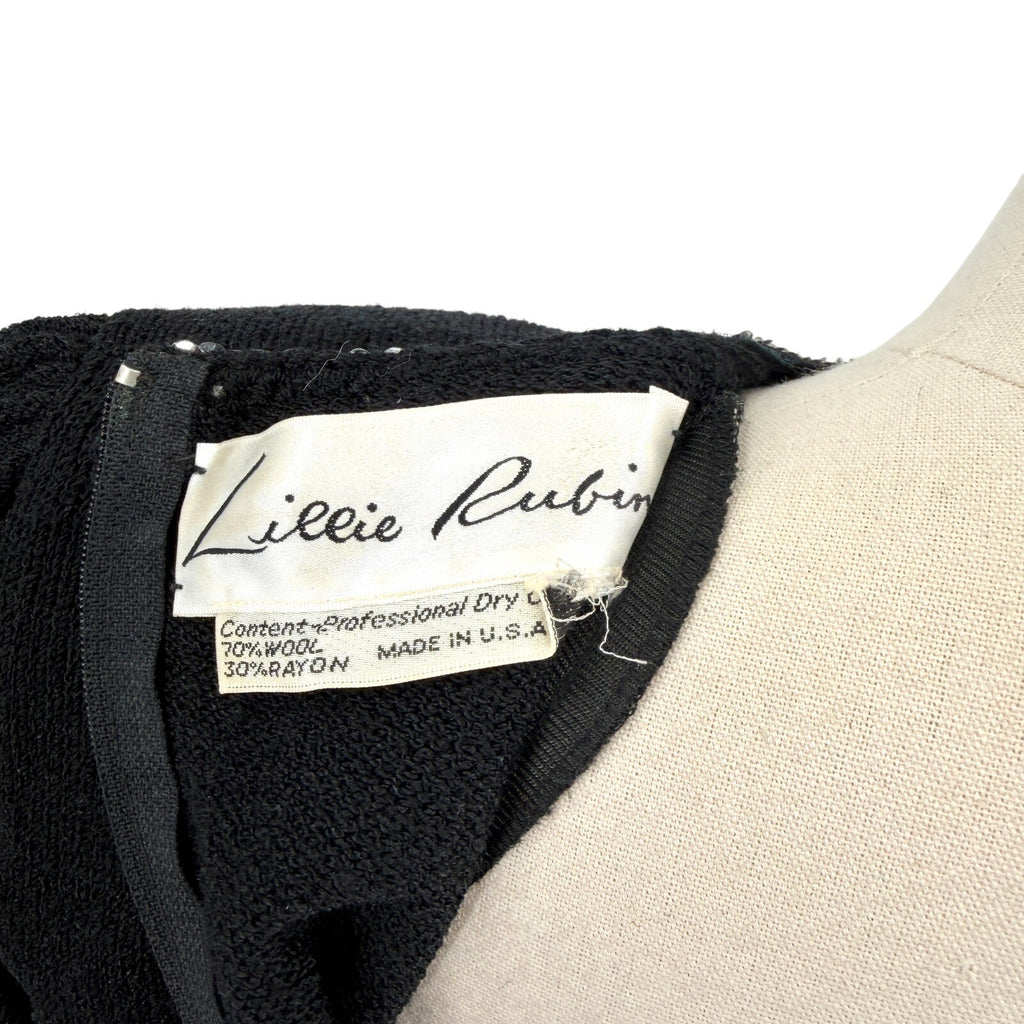 Vintage 80s Lillie Rubin Black Wool Blend Beaded Cutout Glam Sweater Dress