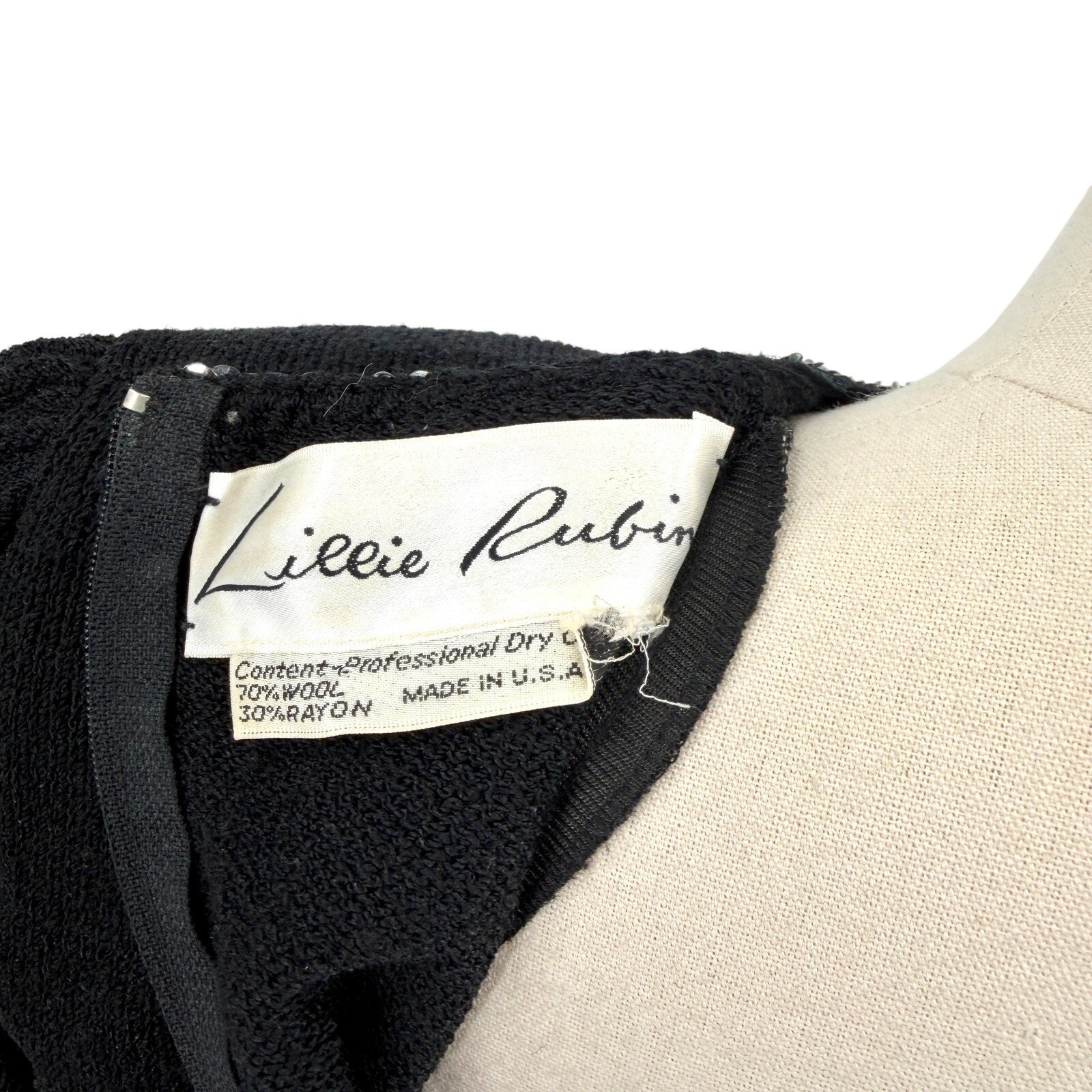 Vintage 80s Lillie Rubin Black Wool Blend Beaded Cutout Glam Sweater Dress