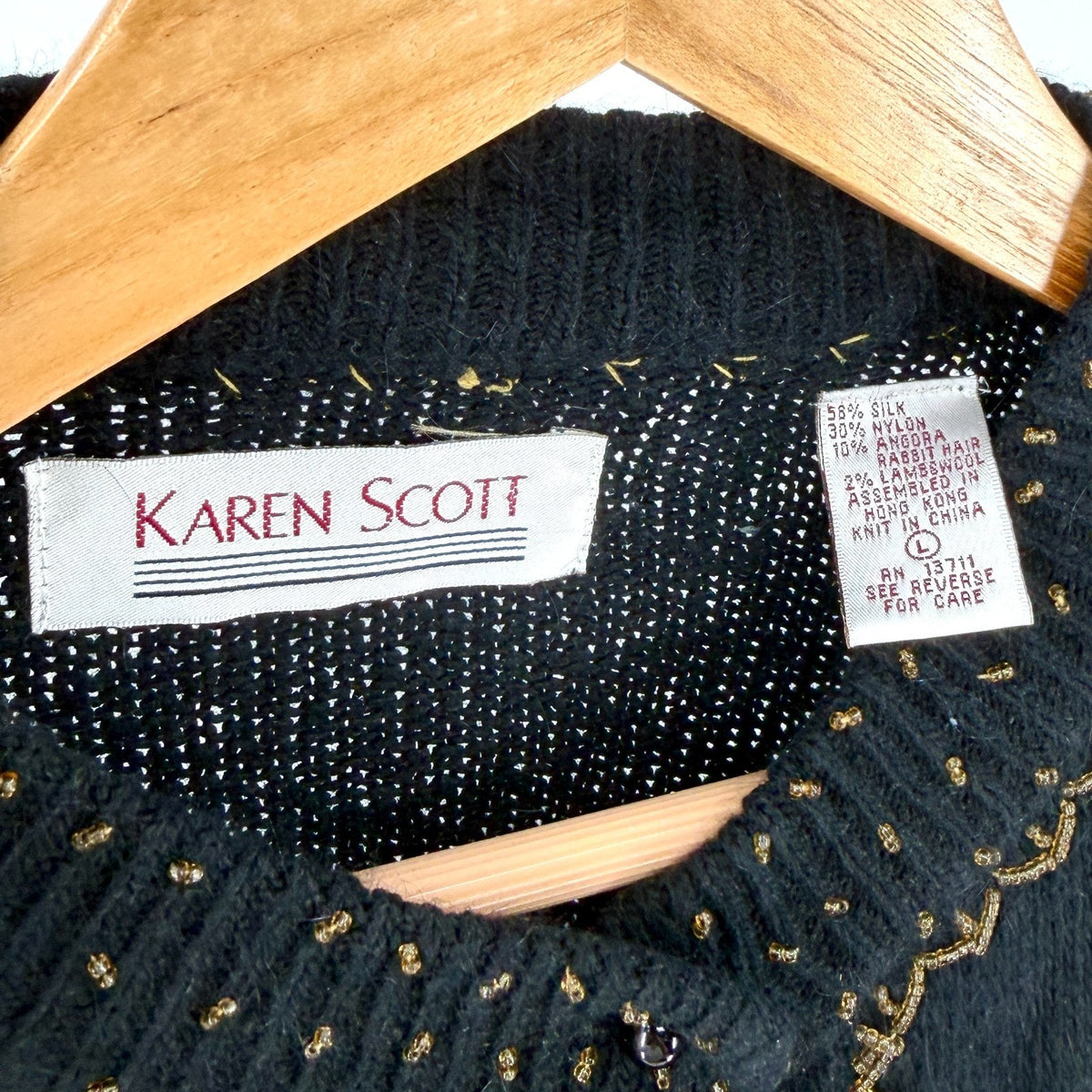 Vintage 90s Karen Scott Black Gold Sequin Beaded Holiday Cardigan