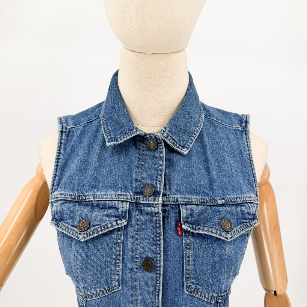 Levi's Blue 100% Cotton Sleeveless Snap Front Denim Mini Shirt Dress