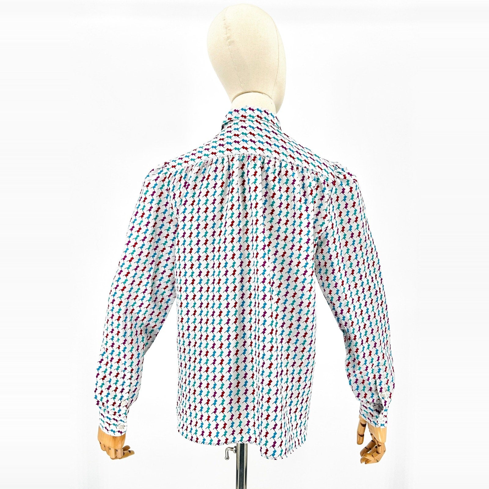Vintage 80s Evan-Picone White Multicolor Geometric Pussybow Blouse
