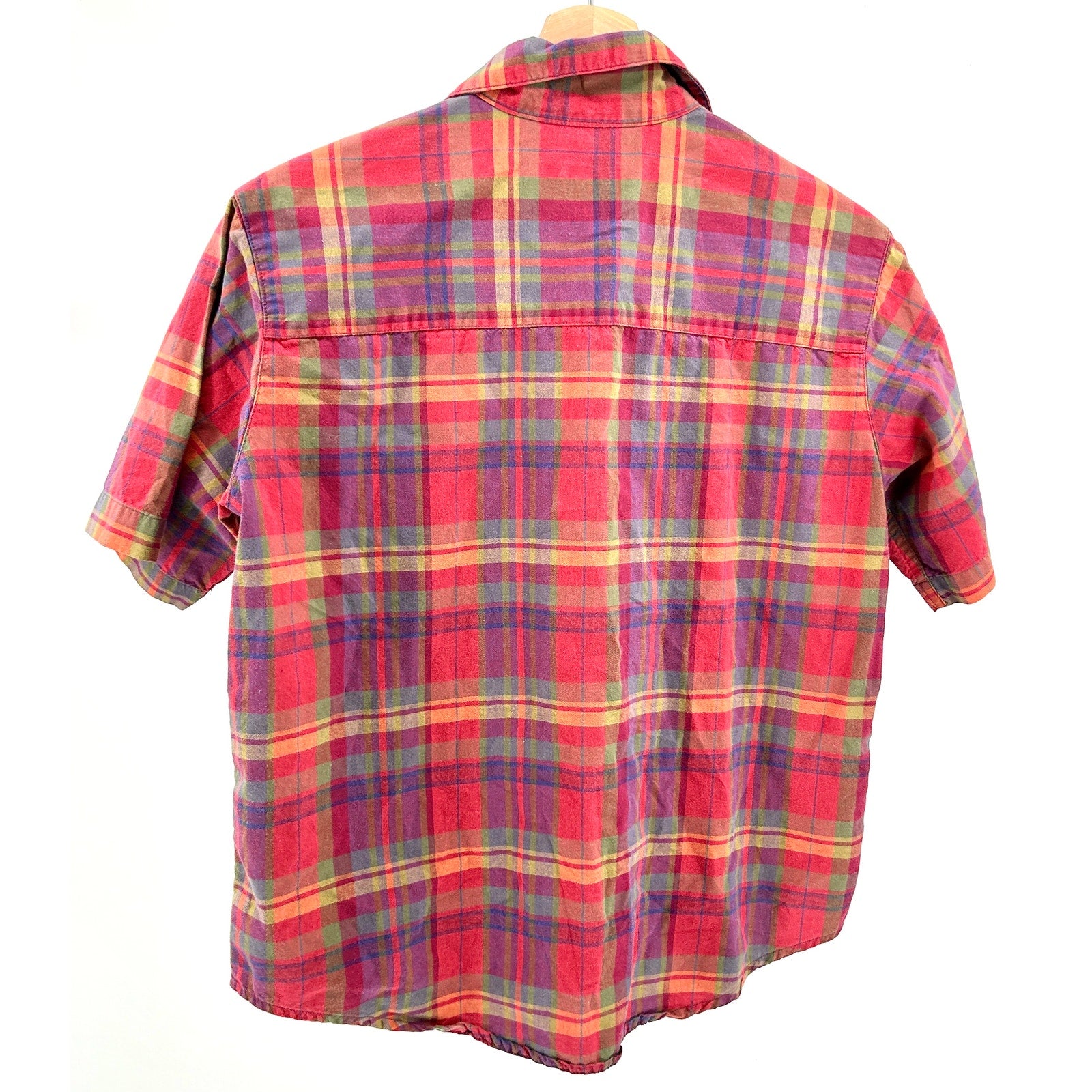 Vintage 90s Eddie Bauer Red Purple Plaid 100% Cotton Camp Shirt