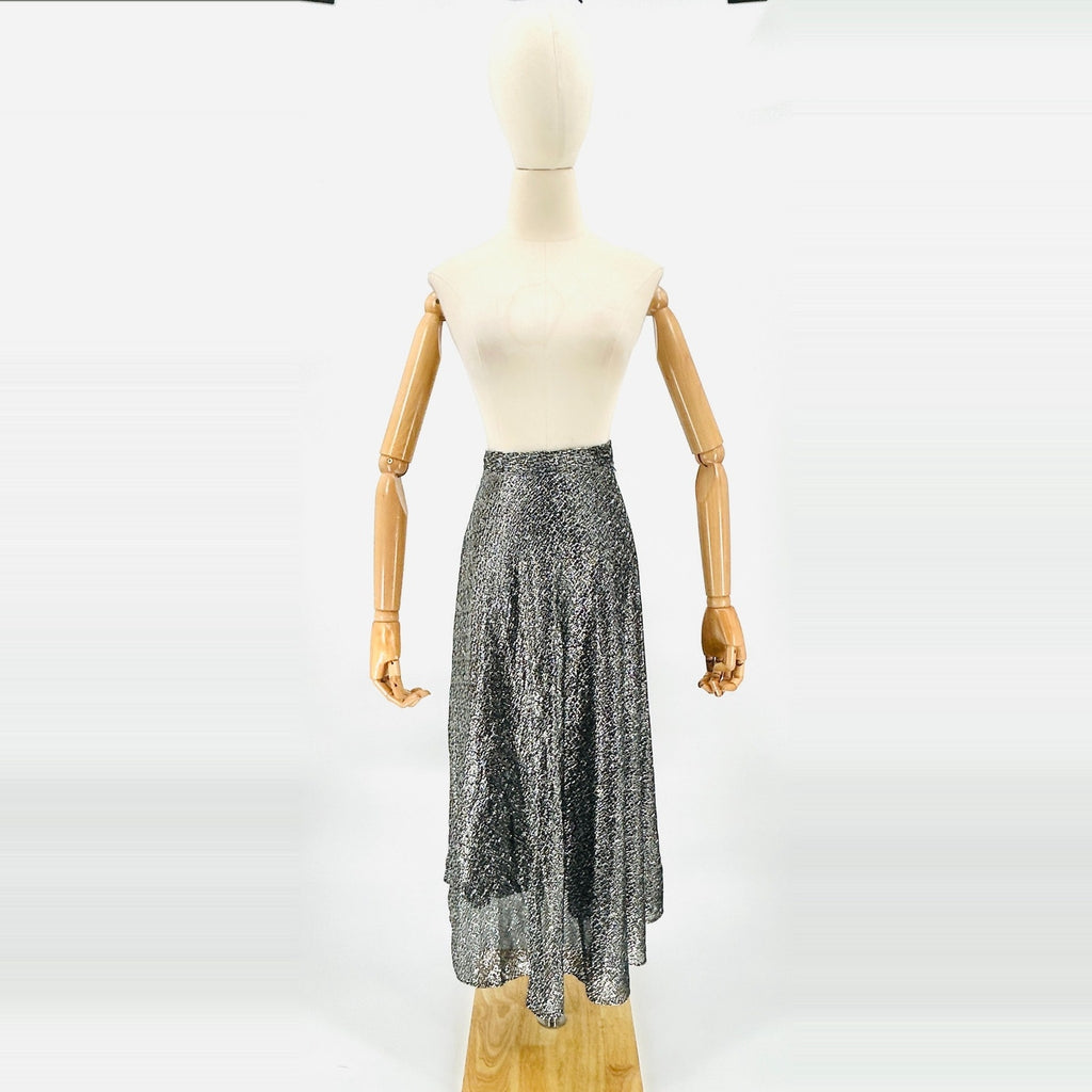 Vintage 80s Handmade Black Silver Metallic Woven Glam Midi Skirt