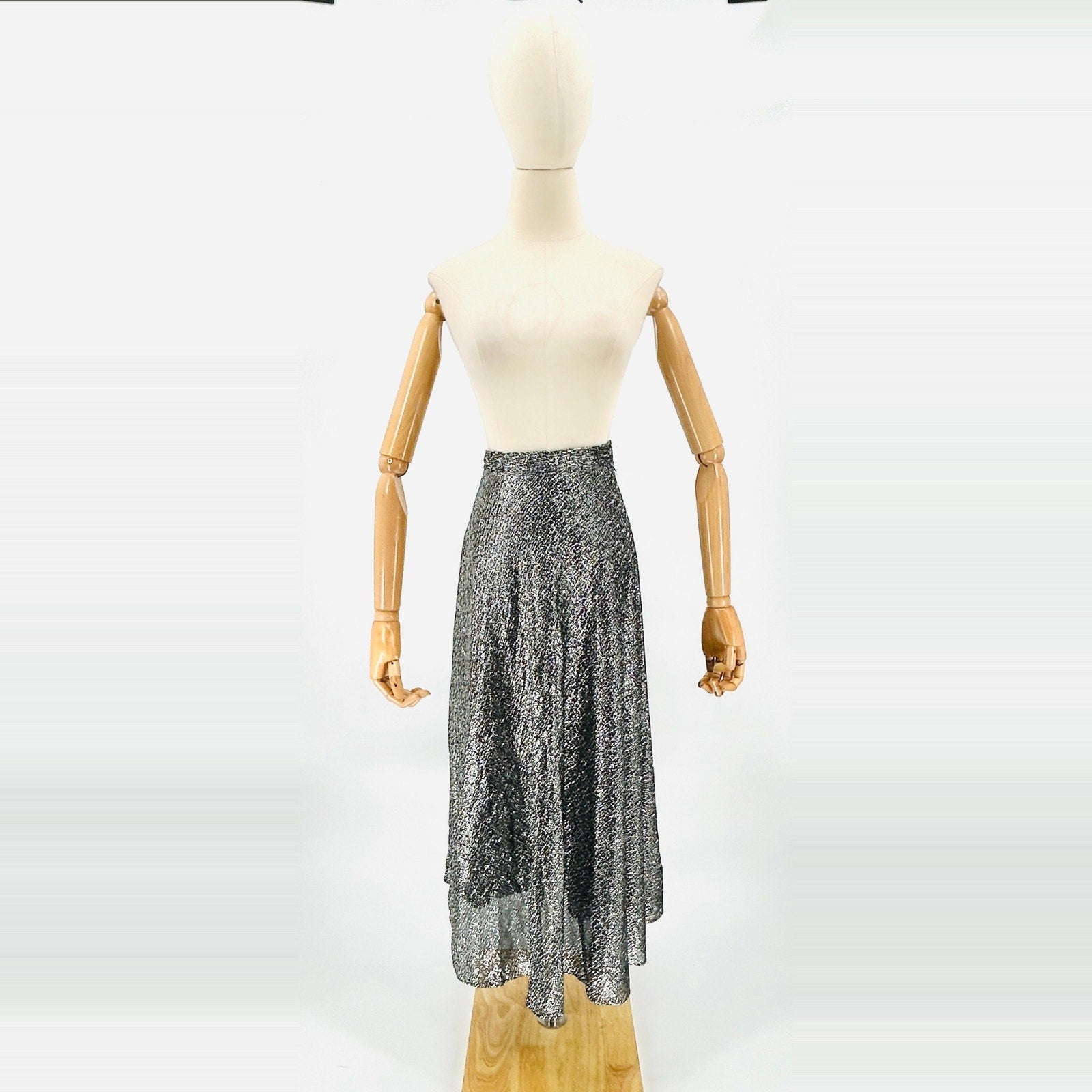 Vintage 80s Handmade Black Silver Metallic Woven Glam Midi Skirt