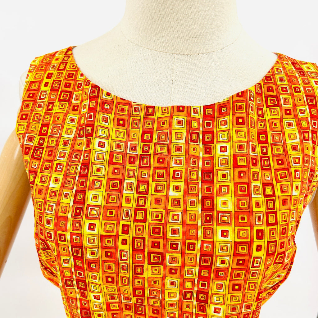 Vintage 90s Handmade Orange Geometric Print Sleeveless Mod Retro Dress