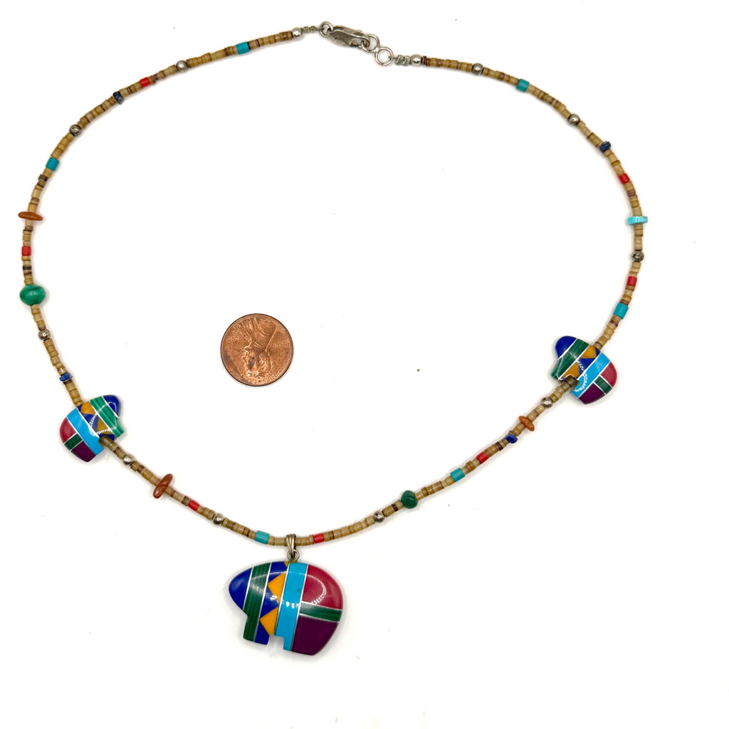 Vintage 90s Multi Stone Inlay Zuni Bear Heishe Fetish Strand Pendant Necklace