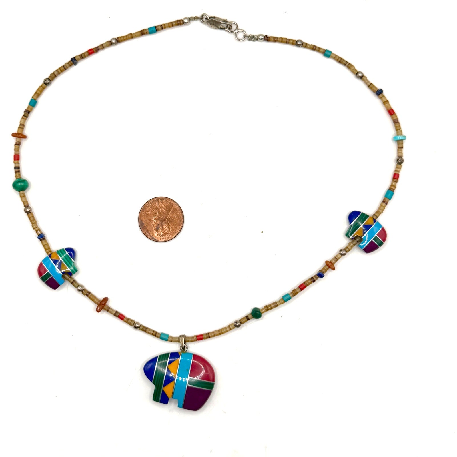 Vintage 90s Multi Stone Inlay Zuni Bear Heishe Fetish Strand Pendant Necklace