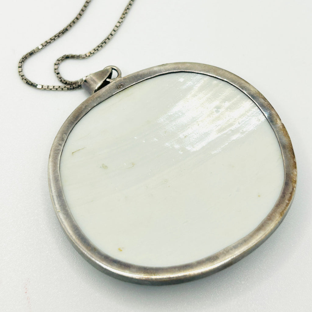 Chinese Porcelain Blue White Floral Sterling Silver Pendant Necklace