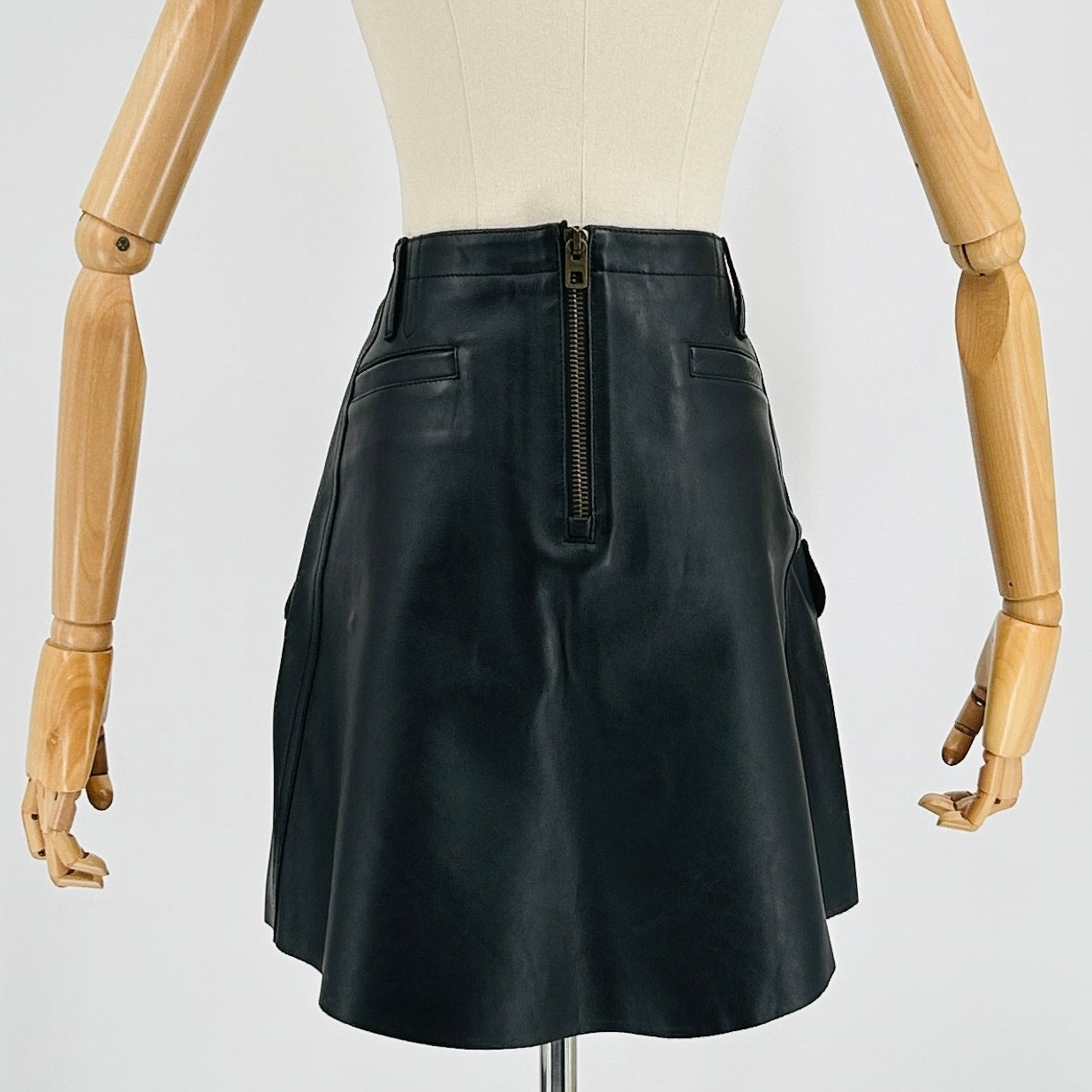 Coach Black Calf Leather Viscose Lined Cargo Pocket Mini Skirt