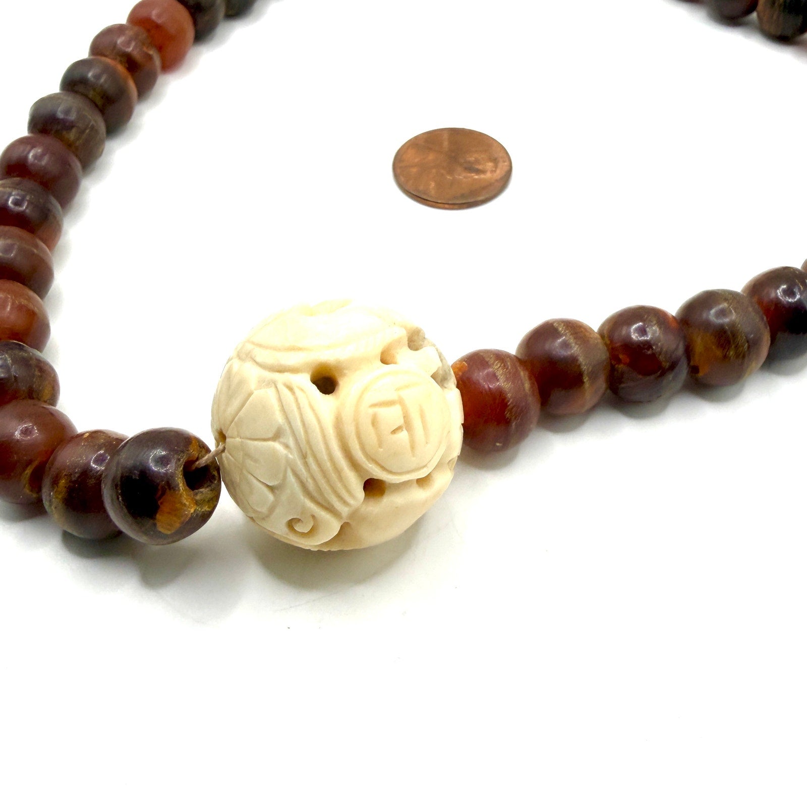Vintage 90s Red Brown Resin Carved Bone Ram Character Statement Necklace