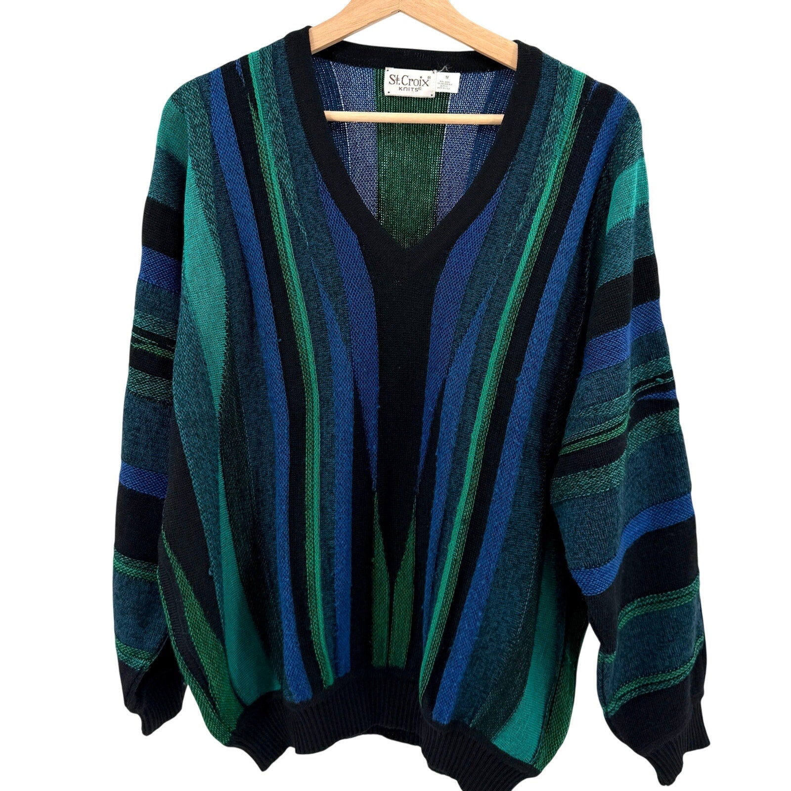 Vintage 90s St. Croix Knits Blue Green Textured Stripe V-Neck Sweater