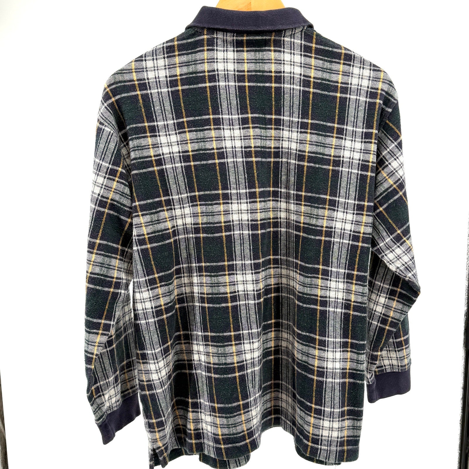 Vintage 90s Lord & Taylor 100% Cotton Blue Green Woven Knit Plaid Polo Shirt