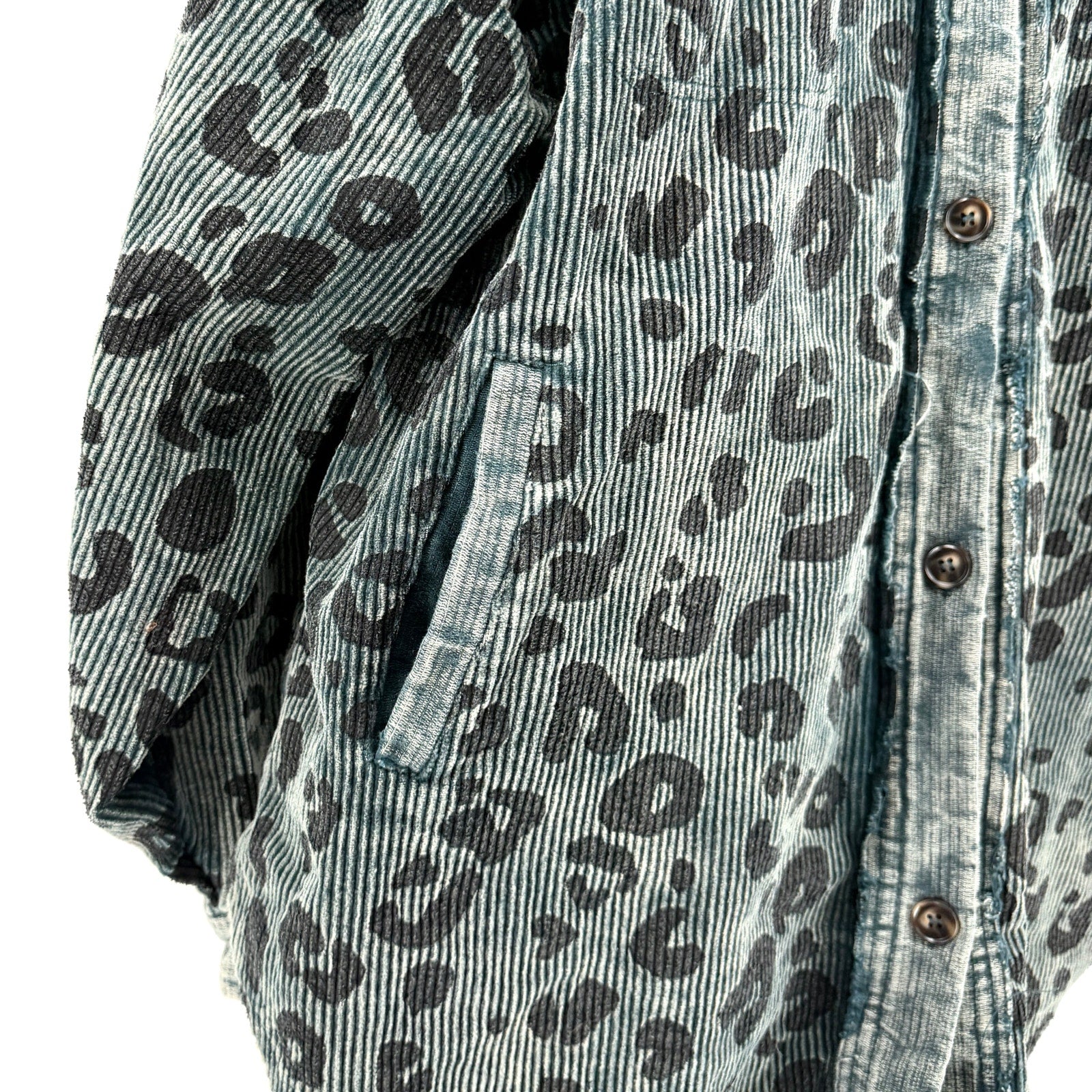 Bibi Vintage Washed Green Sage Corduroy Leopard Spot Button Down Shacket Jacket