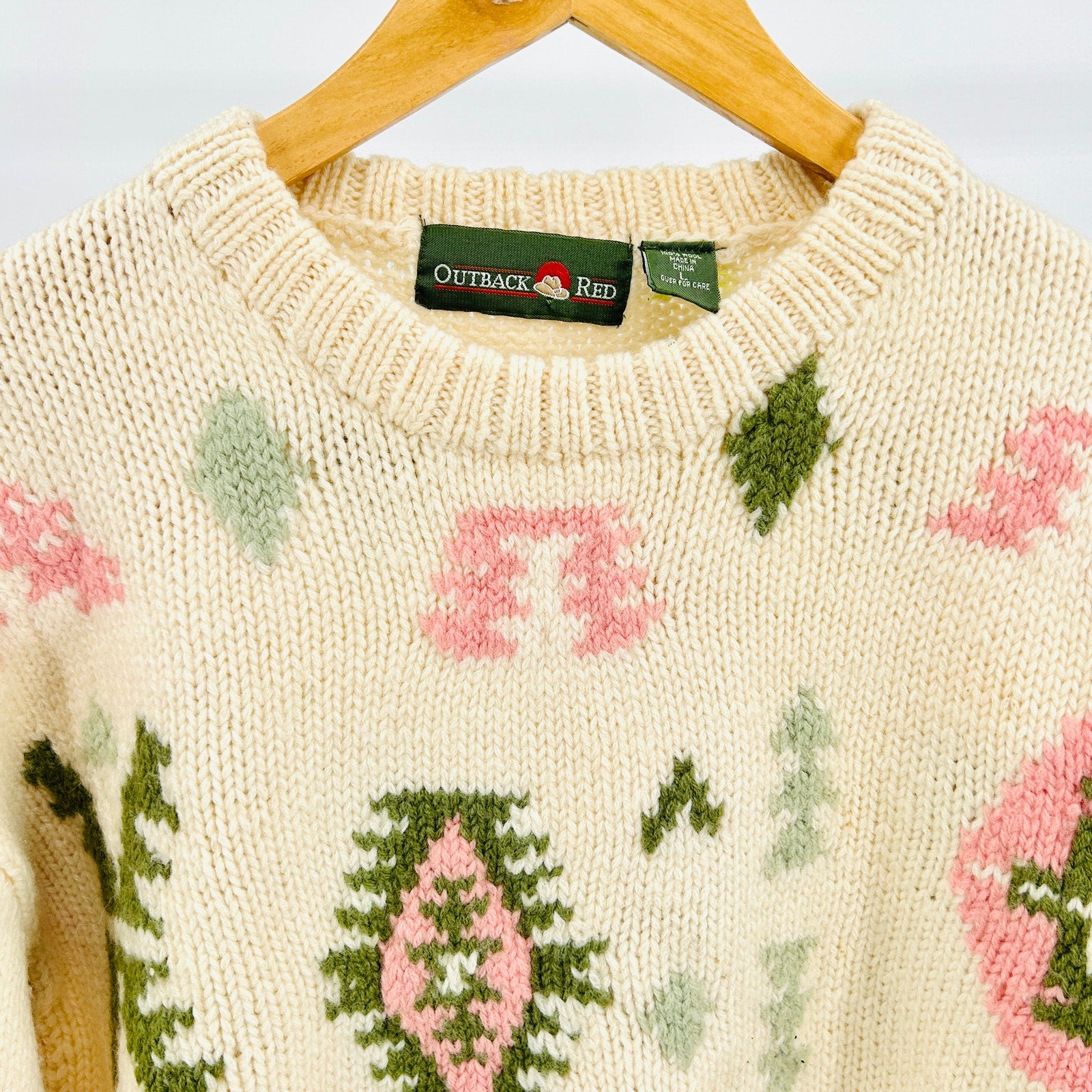 Vintage 80s Outback Red Cream Wool Heavy Knit Geometric Pastel Sweater
