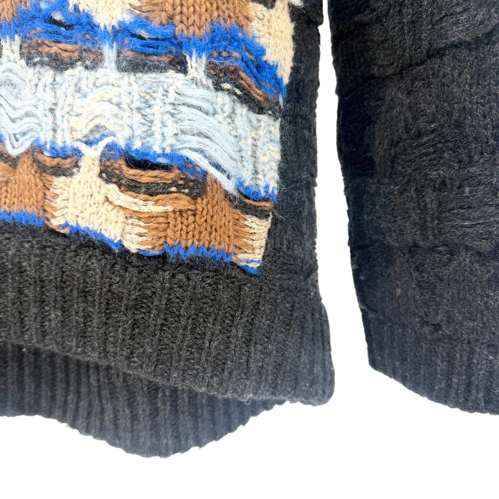 O'2nd Blue Black Grunge Deconstructed Distressed Open Knit Sweater